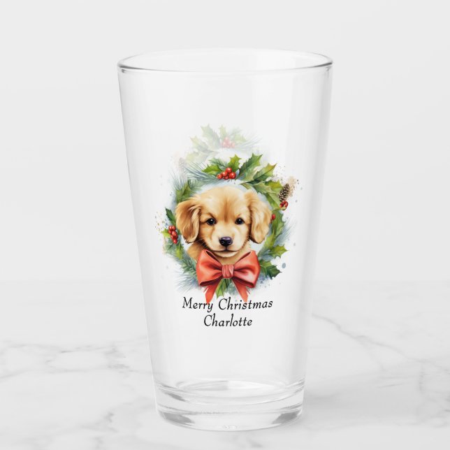 Merry Christmas Cute Watercolor Puppy Dog Name Glass (Front)