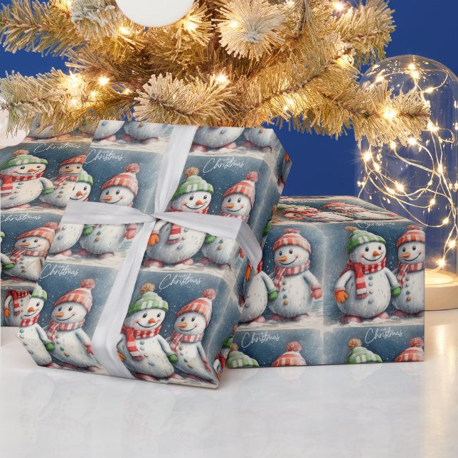 Merry Christmas Cute Watercolor Snowmen  Wrapping Paper (Holidays)