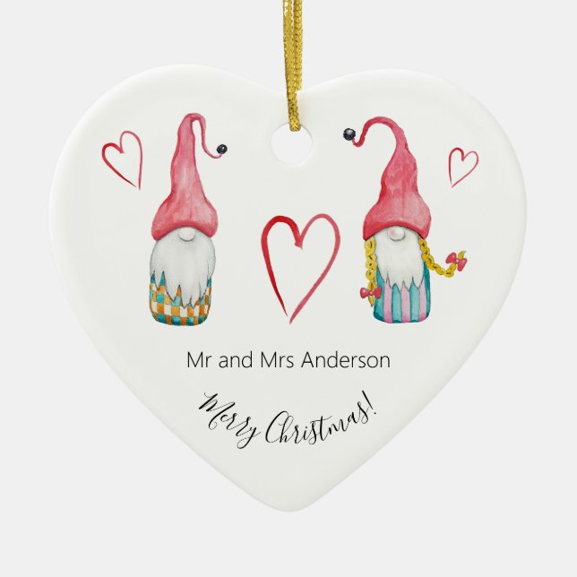 Merry Christmas Cute Winter Gnomes In Love Ceramic Ornament (Front)
