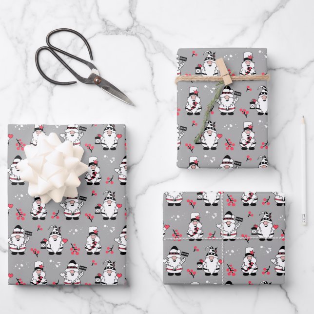 MERRY CHRISTMAS | Cute Winter Holly Gnomes Wrapping Paper Sheet (Front)
