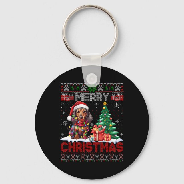 Merry Christmas Dachshund Dog Lover Family Ugly Xm Keychain (Front)