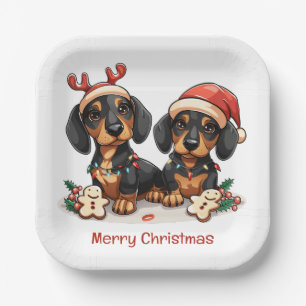Merry Christmas Dachshund Dogs Paper Plate