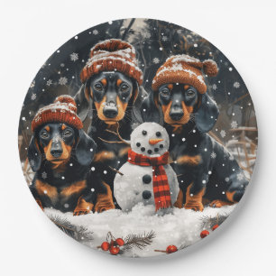 Merry Christmas Dachshund Dogs Snowman Paper Plate
