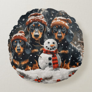 Merry Christmas Dachshund Dogs Snowman Round Pillow