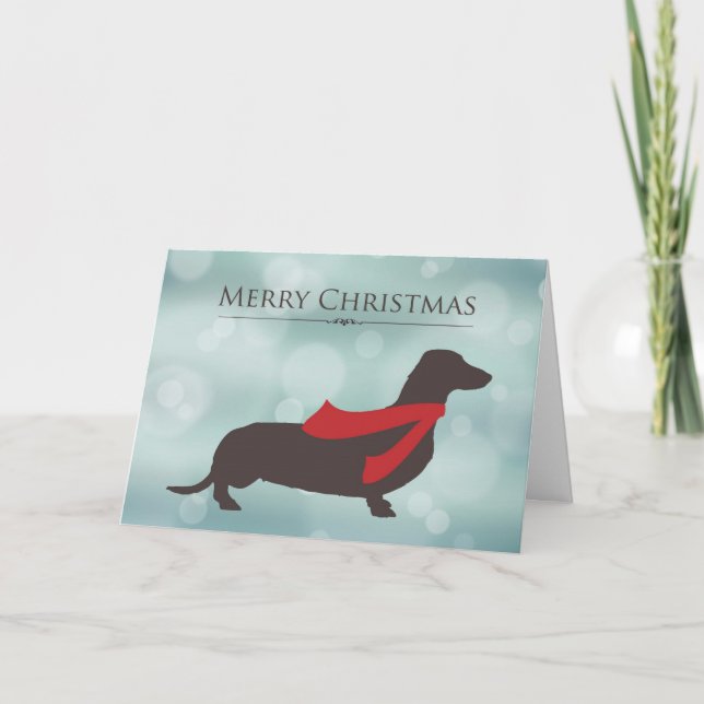 Merry Christmas, Dachshund in Red Scarf, Bokeh Holiday Card (Front)