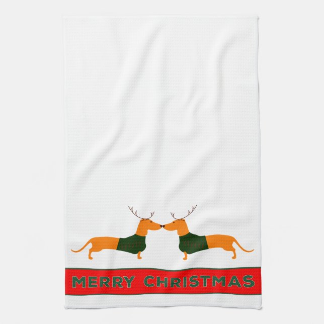 Merry Christmas Dachshund Kitchen Towels (Vertical)