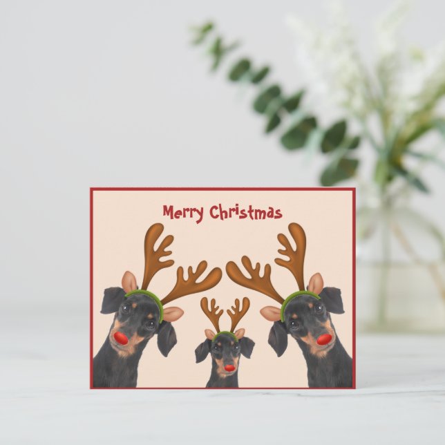 Merry Christmas Dachshund Reindeer Red Doggone Holiday Postcard (Standing Front)