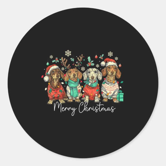 Merry Christmas Dachshund Santa Dog Xmas Lights Ho Classic Round Sticker (Front)