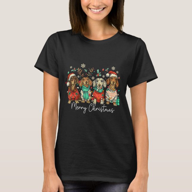 Merry Christmas Dachshund Santa Dog Xmas Lights Ho T-Shirt (Front)