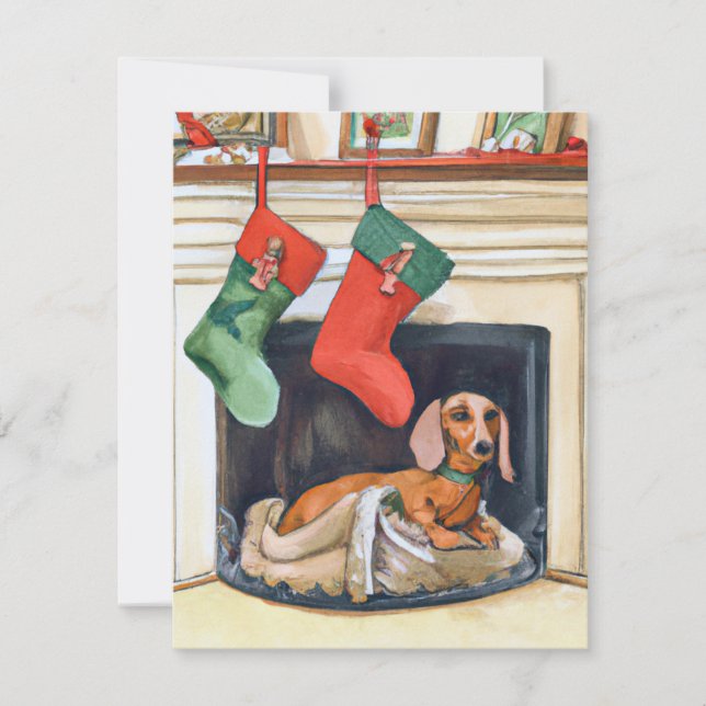Merry Christmas Dachshund Santa Fireplace Card (Front)