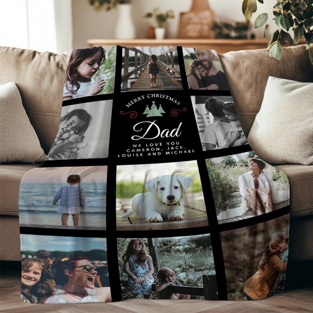 Merry Christmas Dad Modern Family Photo Collage Fleece Blanket (Creator Uploaded)