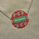 Merry Christmas! Dancing Xmas Trees Pattern Classic Round Sticker<br><div class="desc">Finish off your Christmas wrapping with these festive stickers, featuring a busy pixel art pattern of dancing Christmas trees. Use "Personalize this template" to change the "Merry Christmas!" text if desired. A traditional xmas spruce or pine sat in an orange pot, decorated in gold, red and blue baubles or decorations,...</div>