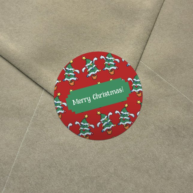 Merry Christmas! Dancing Xmas Trees Pattern Classic Round Sticker (Creator Uploaded)