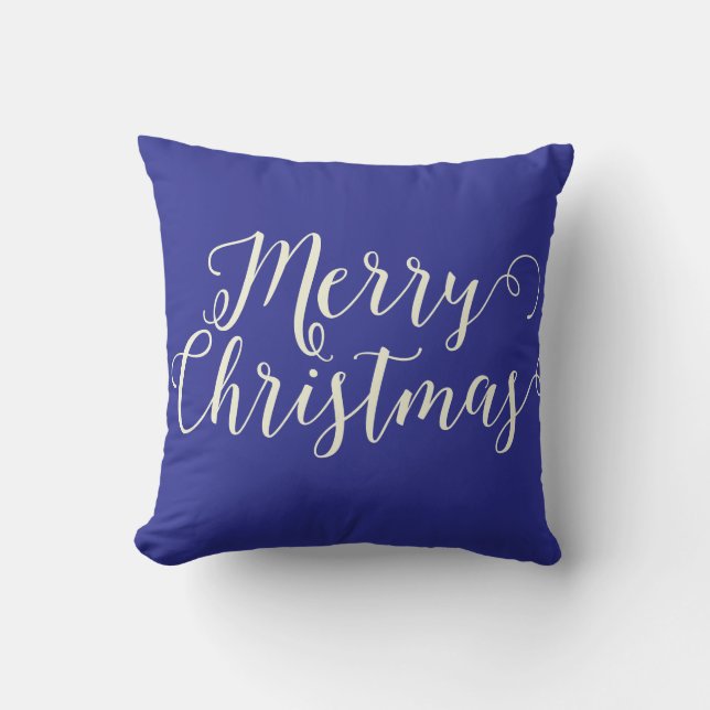 Merry Christmas Dark Blue Beige Christmas Throw Pillow (Front)