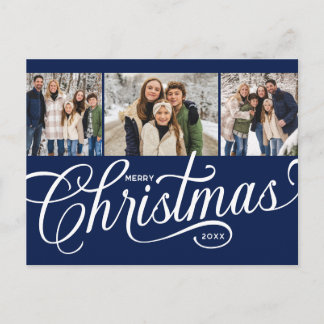 Merry Christmas Dark Chocolate Script 3 Photo Holiday Postcard