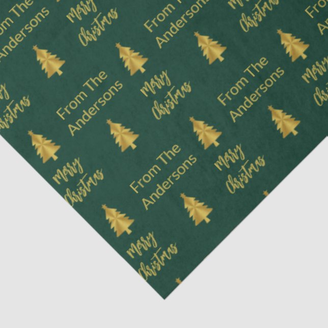 Merry Christmas Dark Green and Gold Names Trees Tissue Paper (Detail)