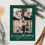 Merry Christmas Dark Green Script 3 Photo Collage Holiday Card<br><div class="desc">Send warm holiday wishes to family and friends with a simple holiday photo card by Late Bloom Paperie! The modern Christmas card features 3 of your favourite photos with "Merry Christmas" displayed in a white hand-lettered script with a dark green background. Personalize the front of the photo card by adding...</div>