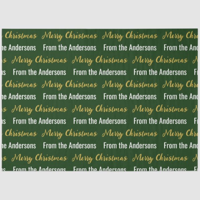 Merry Christmas Dark Green White Gold Script Name Tissue Paper (Front)