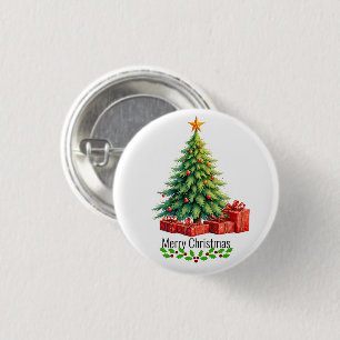 Merry Christmas, Decorated Tree, 1 Inch Round Button