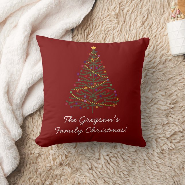 'Merry Christmas' Decorated Tree & Family Name Red Throw Pillow (Blanket)