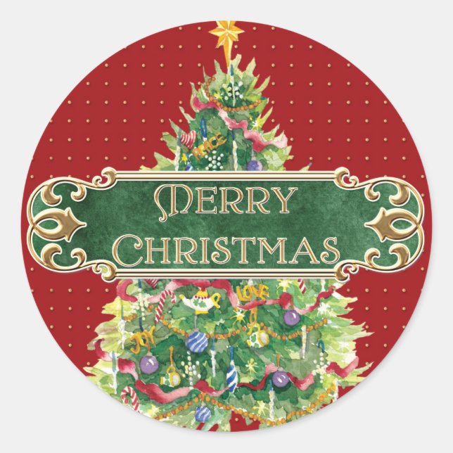 Merry Christmas Decorated Tree Star Gold Swirl Classic Round Sticker (Front)