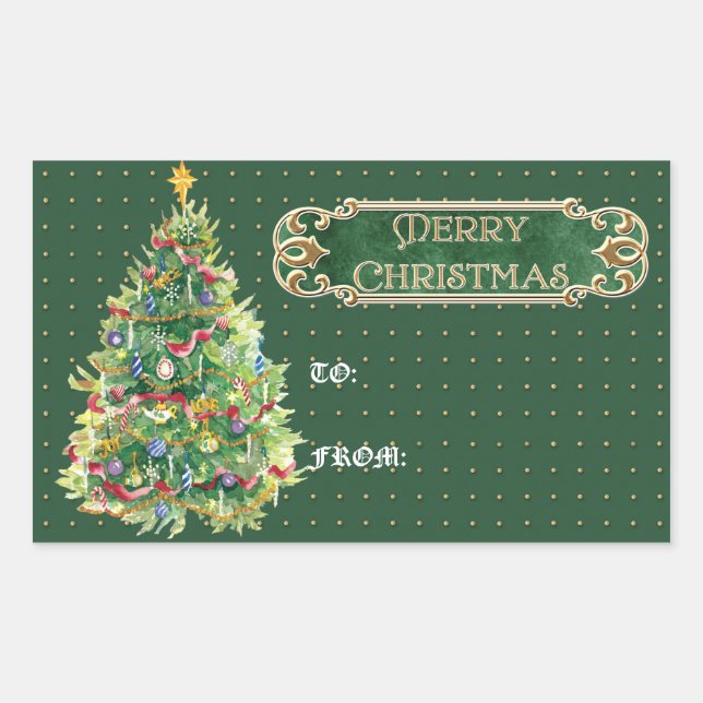 Merry Christmas Decorated Tree Star Gold Swirl Sticker (Front)