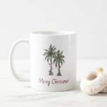 Merry Christmas Decorated Tropical Palm Trees   Coffee Mug<br><div class="desc">Merry Christmas holiday coffee mug,  with a decorated palm trees and string lights illustration. With customizable typography lettering,  you add your own information. A tropical addition to your favourite hot beverage.</div>