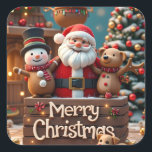 "Merry Christmas Decoration | Cute Santa & Friends Square Sticker<br><div class="desc">"Bring the magic of Christmas to life with this adorable holiday design! Featuring Santa Claus surrounded by his cheerful friends – a smiling snowman, a cute teddy bear, and a playful puppy – all set in a cozy winter wonderland with a decorated Christmas tree and festive lights. This Merry Christmas...</div>