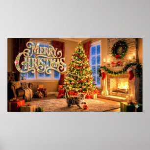 Merry Christmas Decorative Artwork with Kitten #2 Poster