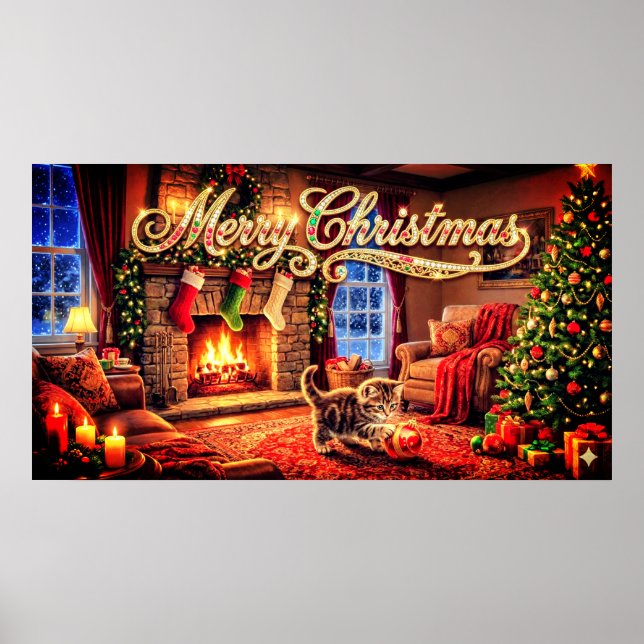 Merry Christmas Decorative Artwork with Kitten Poster (Front)