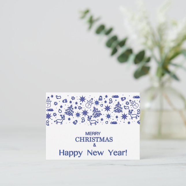 Merry Christmas! Decorative blue drawings in doodl Card (Standing Front)