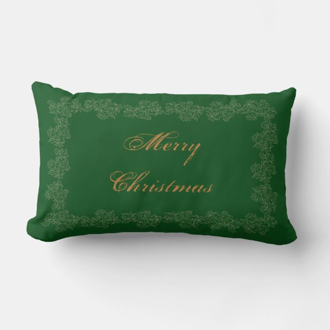 Merry Christmas Decorative Green Gold Lumbar Pillow (Front)