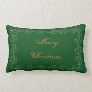 Merry Christmas Decorative Green Gold Lumbar Pillow