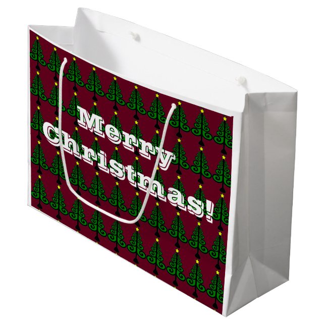 Merry Christmas / Decorative Green Trees Large Gift Bag (Front Angled)