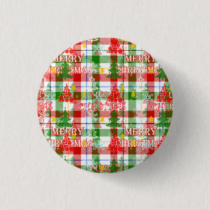 Merry Christmas Decorative Plaid Tartan 1 Inch Round Button