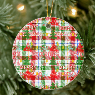 Merry Christmas Decorative Plaid Tartan Ceramic Ornament
