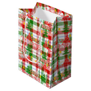 Merry Christmas Decorative Plaid Tartan Medium Gift Bag