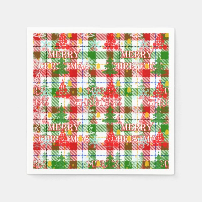 Merry Christmas Decorative Plaid Tartan  Napkin (Front)