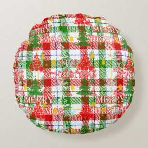 Merry Christmas Decorative Plaid Tartan Round Pillow