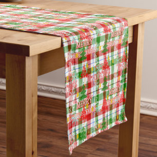 Merry Christmas Decorative Plaid Tartan  Short Table Runner