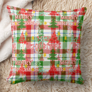 Merry Christmas Decorative Plaid Tartan Throw Pillow