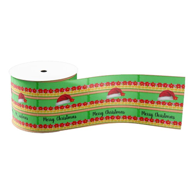 Merry Christmas Decorative Ribbon, Santa Hat Green Grosgrain Ribbon (Spool)