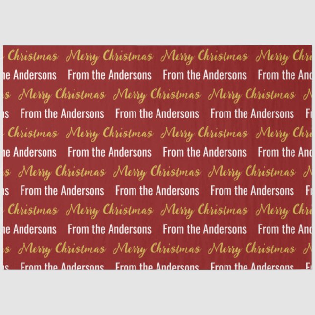 Merry Christmas Deep Red White Gold Script Name Tissue Paper (Front)