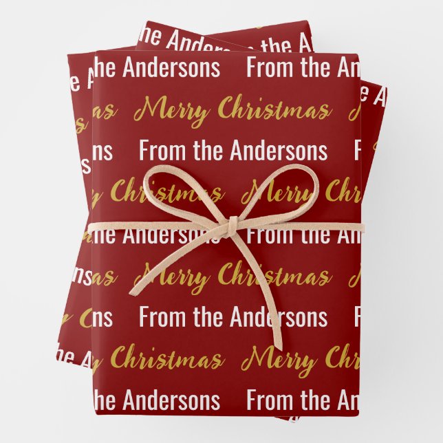 Merry Christmas Deep Red White Gold Script Name Wrapping Paper Sheet (In situ)