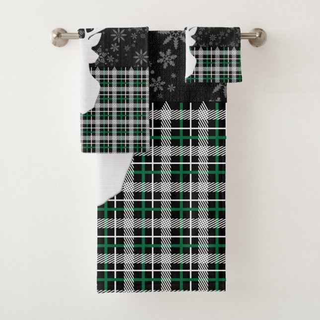 Merry Christmas Deer and Snowflakes - Green Plaid Bath Towel Set (Insitu)