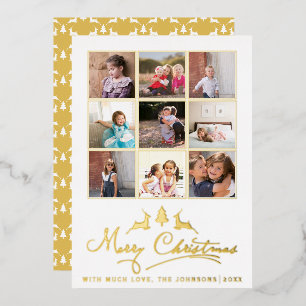 Merry Christmas deer and tree photo collage gold Foil Holiday Card