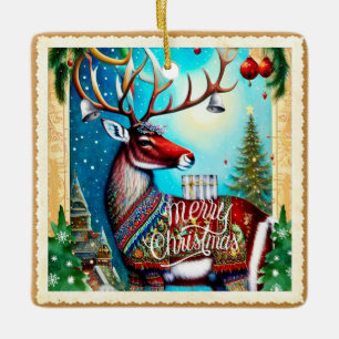 MERRY CHRISTMAS DEER CERAMIC ORNAMENT