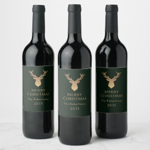 Merry Christmas Deer Dark Green Festive Wine Label