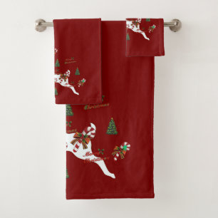 Merry Christmas Deer Dk Red Holiday  Bath Towel Set