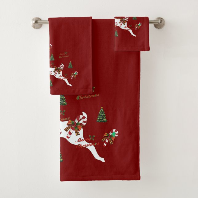 Merry Christmas Deer Dk Red Holiday  Bath Towel Set (Insitu)